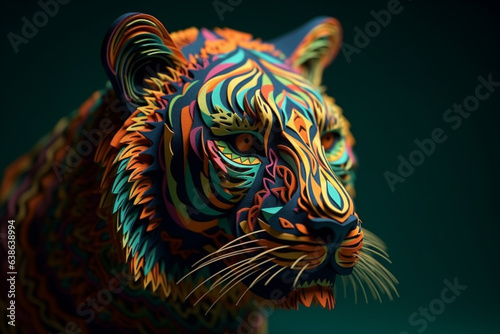 Tiger head with colorful psychedelic pattern on dark background. 3d illustration