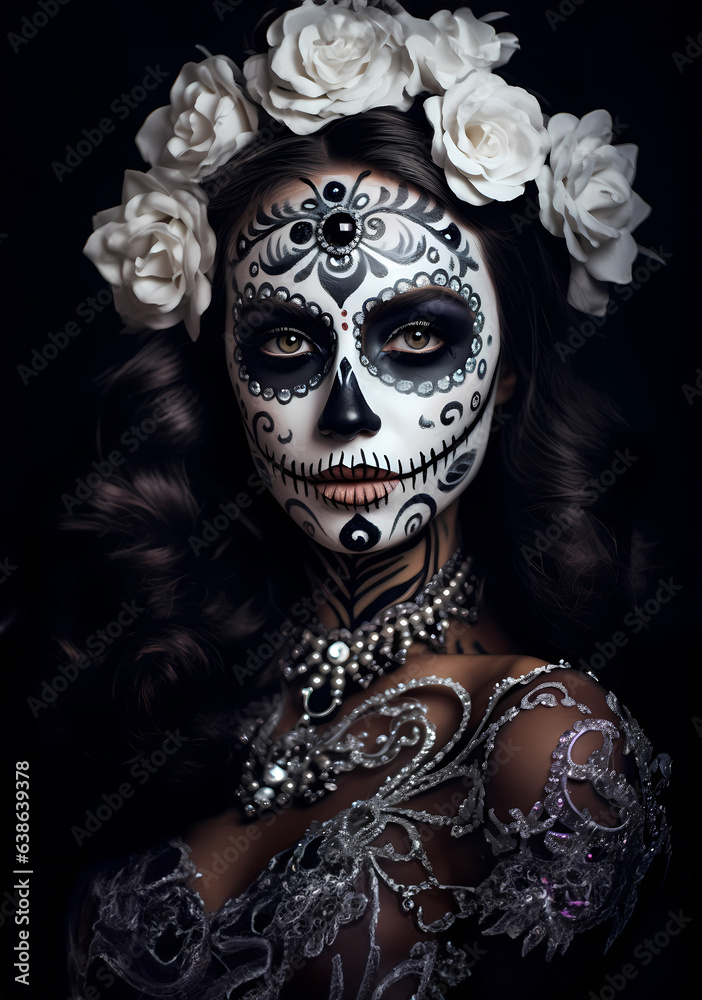 Beautiful Woman in Calavera Sugar Skull Makeup for Day of the Dead - Dia De Los Muertos - Generative AI Beautiful Woman in Calavera Sugar Skull Makeup for Day of the Dead - Dia De Los Muertos - Generative AI