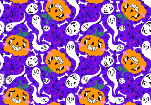Halloween cartoon pumpkins seamless ghost and skulls pattern for wrapping paper and fabrics and kids clothes print © Tetiana