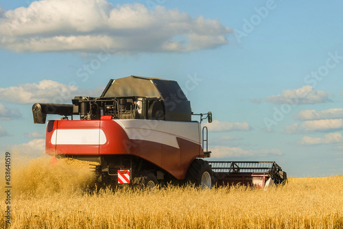 Mechanical throw out shredded straw on the field during the harvest. Combine harvester with сutter platform reaps oats. photo