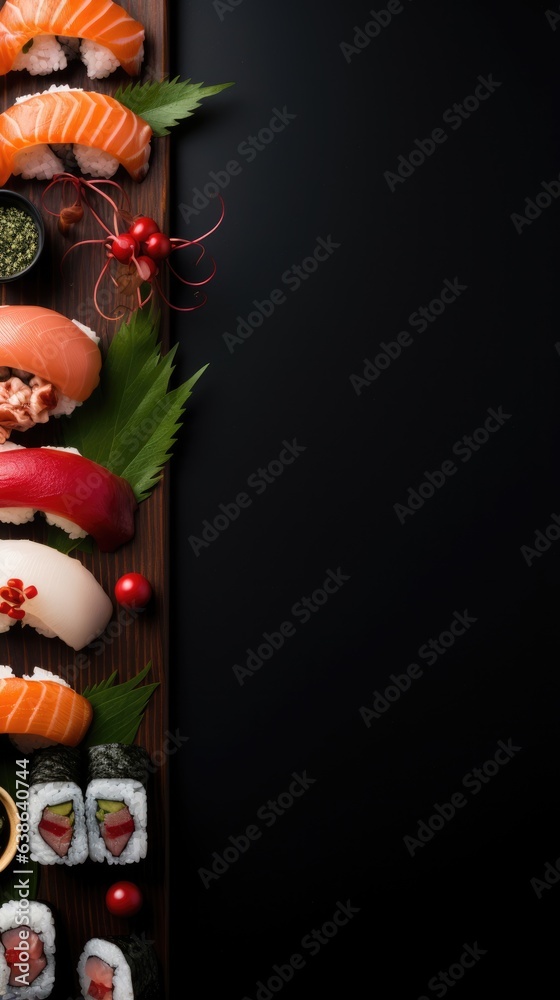 Sushi themed background in portrait mode with copy space - stock picture backdrop