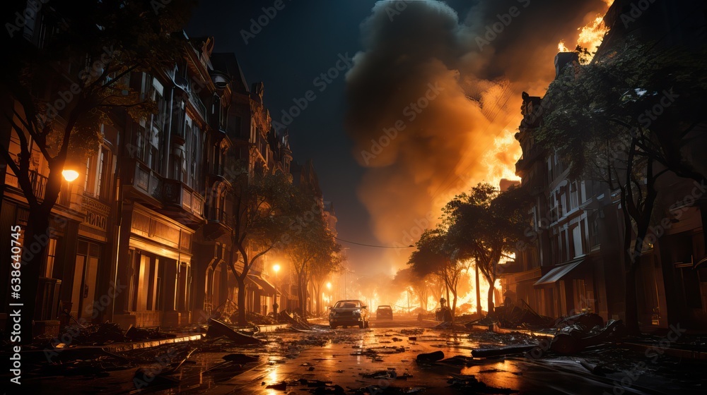 burning houses and cars on the streets of the city. the fire spread from the forest to residential buildings. natural disaster. 