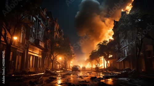 burning houses and cars on the streets of the city. the fire spread from the forest to residential buildings. natural disaster. 