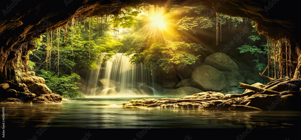 Beautiful waterfall with sunlight in the jungle. Waterfall streams in the green jungle arched cave, digital ai