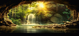 Beautiful waterfall with sunlight in the jungle. Waterfall streams in the green jungle arched cave, digital ai