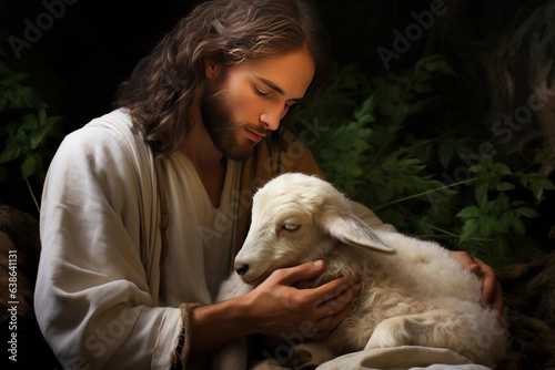 Savior's Gentle Embrace: Jesus Christ Nurturing and Guiding a Stray Lamb 