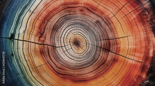 Colorful tree rings cross section showing annual age rings, background design photo