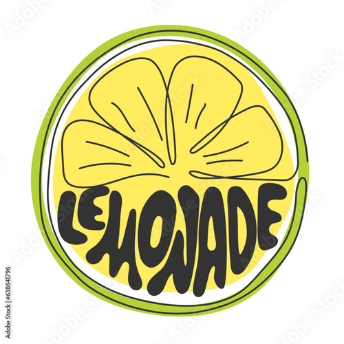 Lemonade handwritten lettering. Continuous line drawing. Slice of juicy lemon, lime. Summer refreshing drink concept