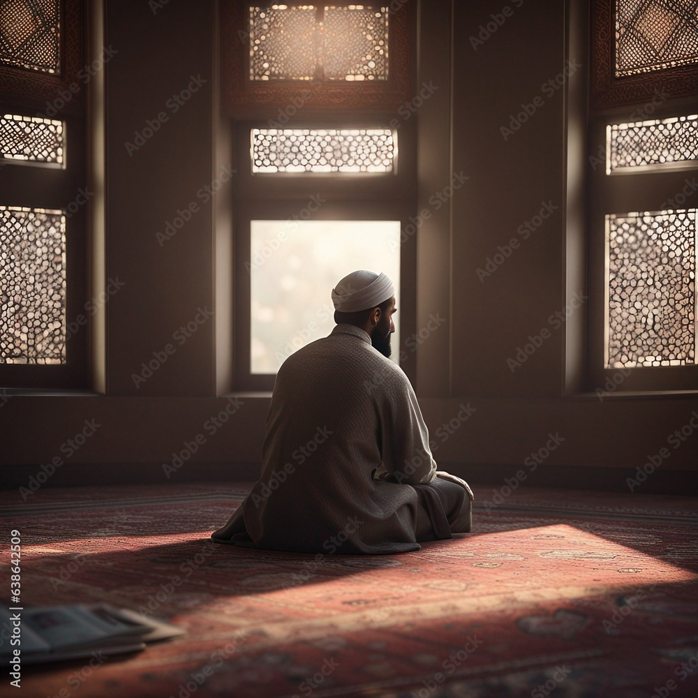 Muslim man sitting on prayer mat in mosque