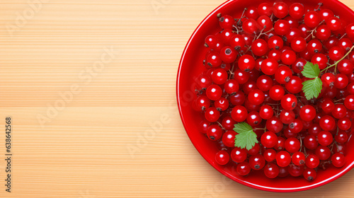 Red currant berries on a plate on a wooden background. Top view  copy space