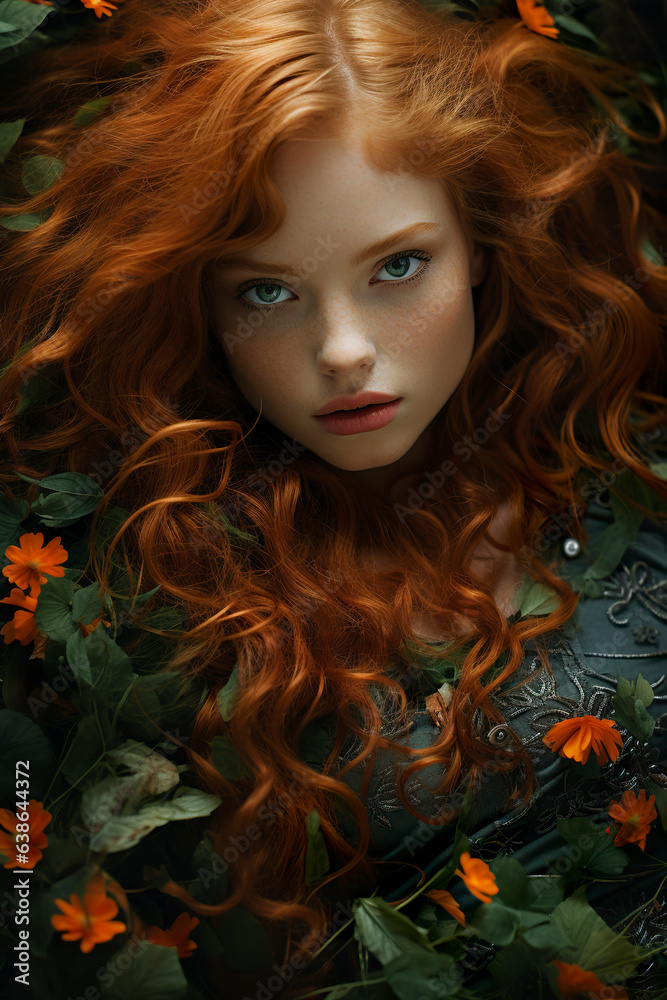 A girl with flaming red hair reclines amidst the rustling grass. A girl harmonizing with the colors of autumn, creating a serene and captivating picture. A girl with flaming red hair reclines amidst the rustling grass. A girl harmonizing with the colors of autumn, creating a serene and captivating picture.