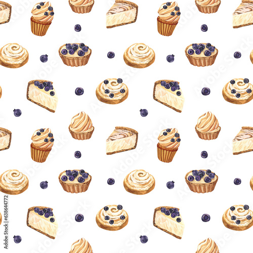 Watercolor seamless pattern dessert muffin, cupcake, tart, bun, cheesecake with blueberry. Hand-drawn illustration isolated on white background. Perfect food menu, design packing, bakery shop, cooking