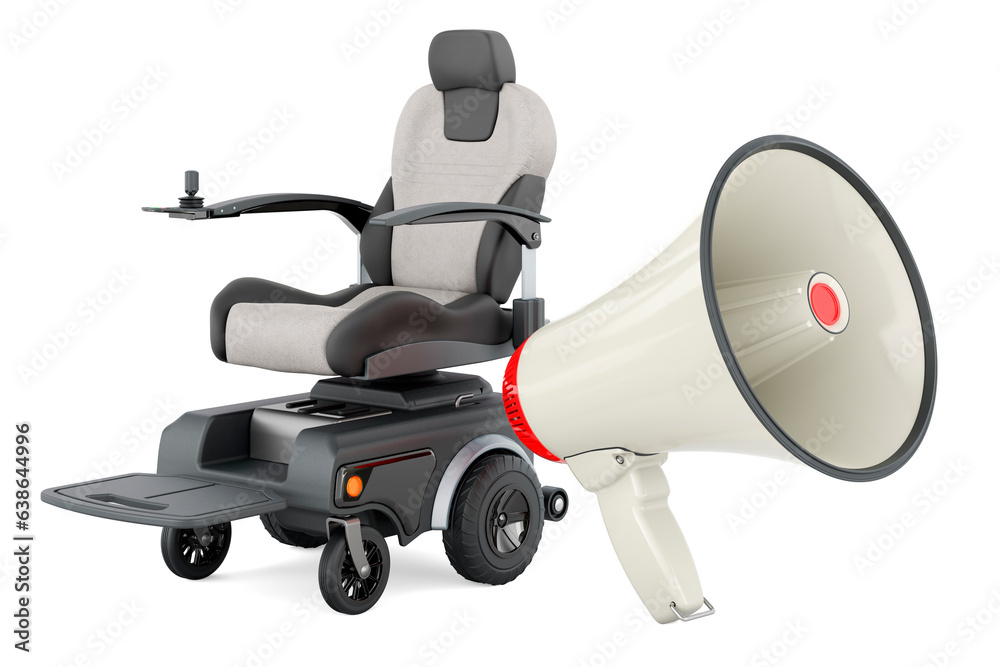 Naklejka premium Handicap scooter with megaphone. 3D rendering