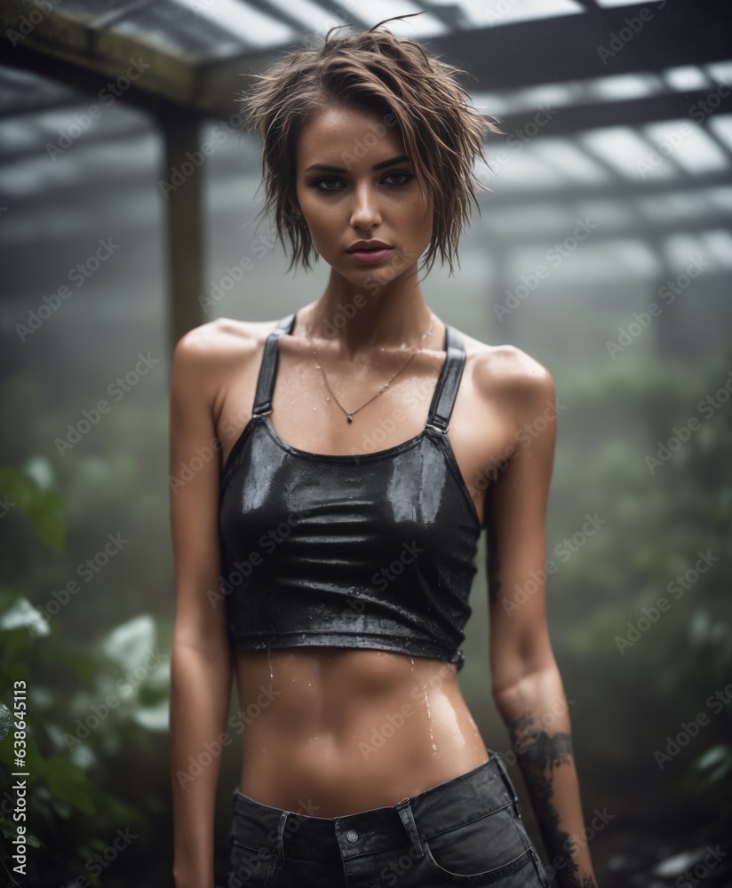 a woman with tattoos standing in an abandoned glasshouse wearing a black top and shorts with a black belt around her waist