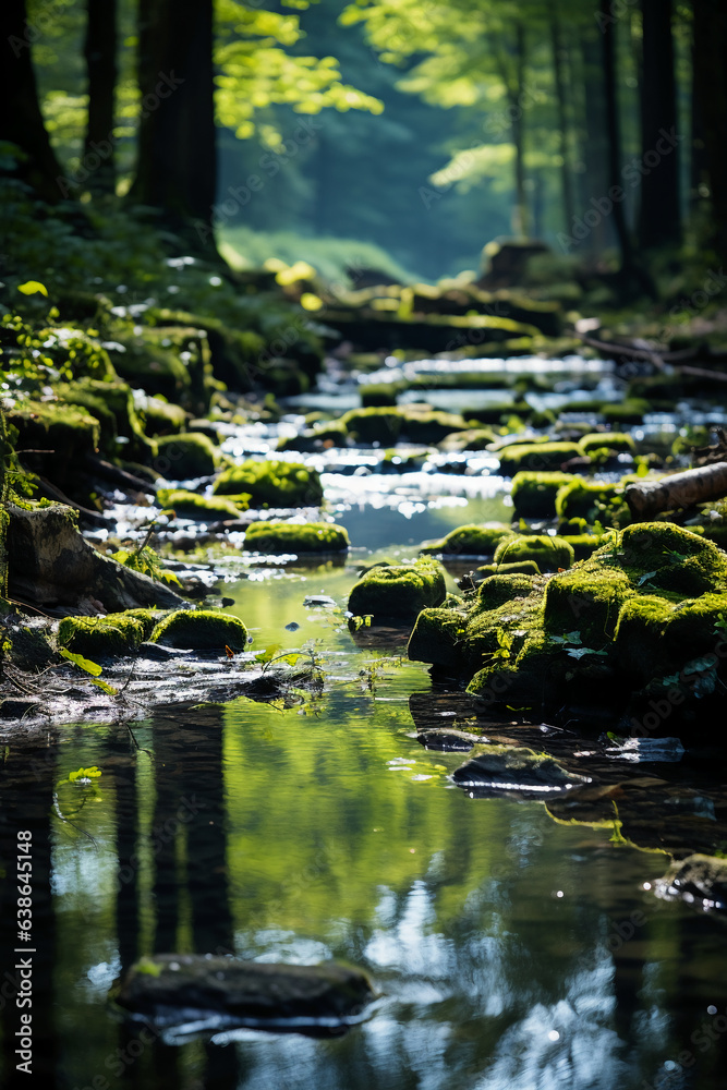 Fototapeta premium A rock covered with moss in the foreground. AI generative