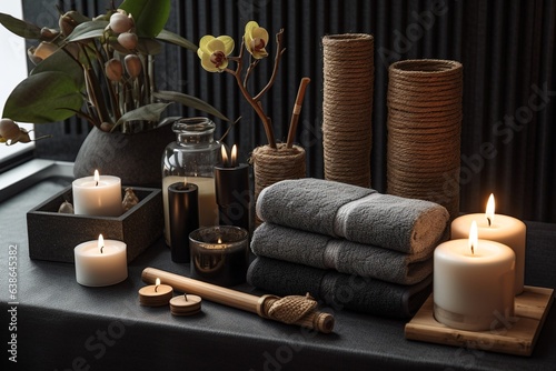 Spa candles and towels next to hot stones, generative ai.