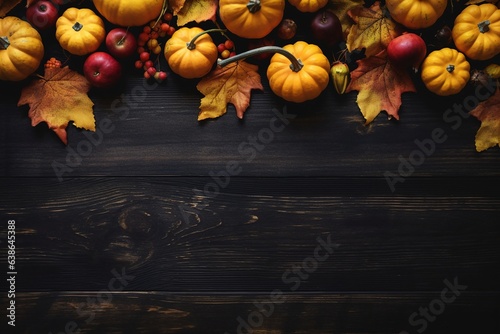 Autumn leaves on wooden background with fall fruits and vegetables, generative ai.