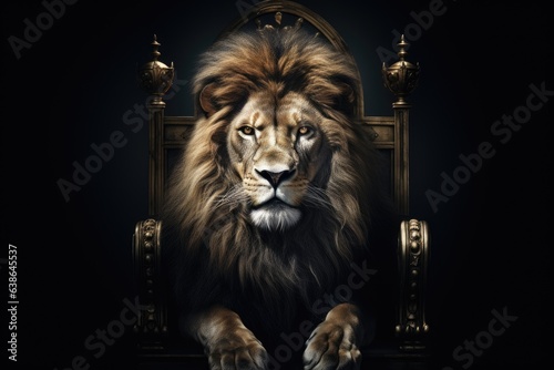 King lion on a throne in a crown  isolated background  majestic lion