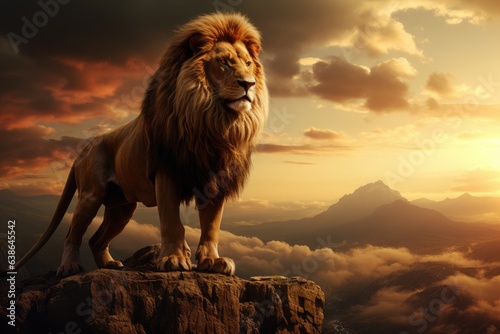 King lion on a throne in a crown  isolated background  majestic lion