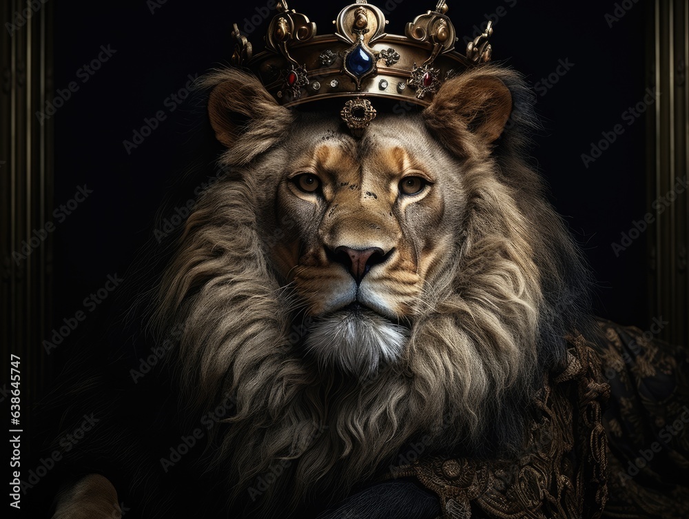 Lion king, crowned lion on throne, boss of beasts