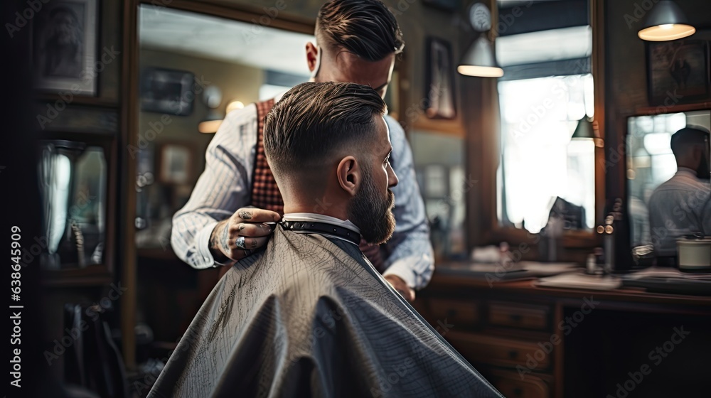 Young bearded man getting haircut service while sitting in chair at barbershop, generative ai