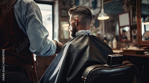 Young bearded man getting haircut service while sitting in chair at barbershop, generative ai