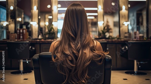 Beautiful woman sitting on chair in beauty salon with long hairs, close up back view, generative ai