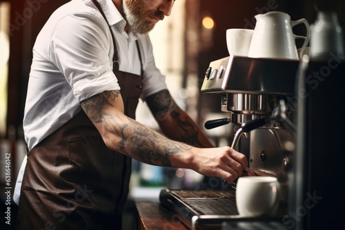 barista turning the pot on coffee machine in cafe Generative AI