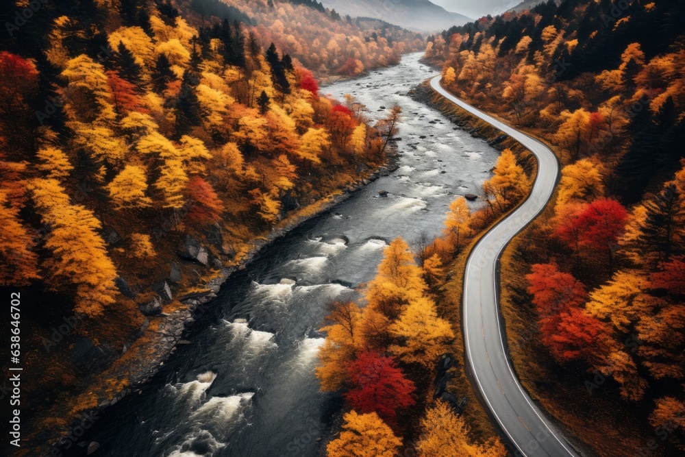 Aerial view of winding mountain road inside colorful autumn forest. Generative AI