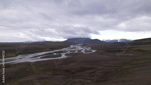 Aerial view of Jokulvisl glacial river and Hofsjokull glacier in the Kerlingarfjoll area in the highlands of Iceland
