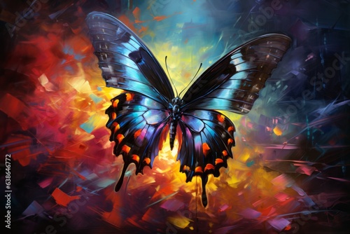 Illustration of a vibrant blue butterfly painted on a colorful background