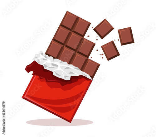 Vector broken chocolate bar in open wrapper illustration.