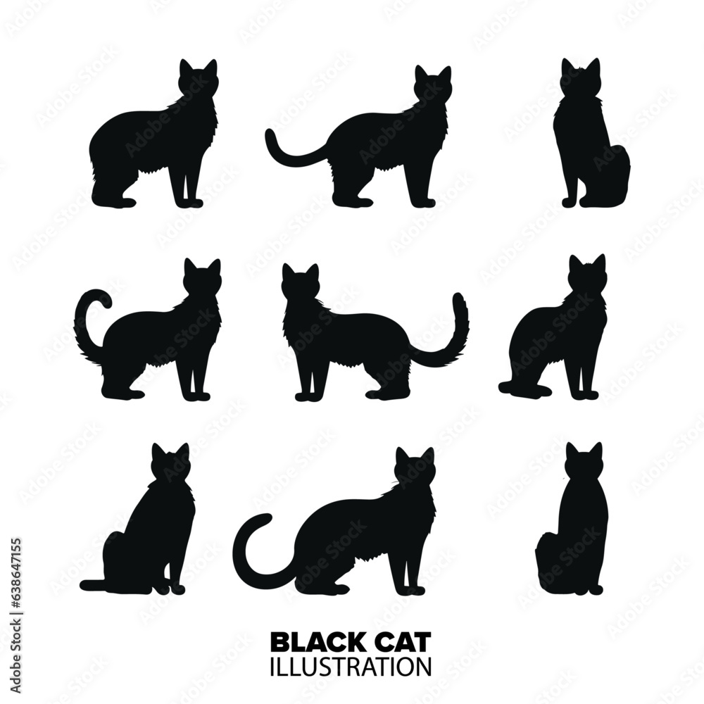 Black Cat Silhouette Collection Set: Vector Halloween Illustrations of Spooky Cats - Transparent Background, PNG, Vector