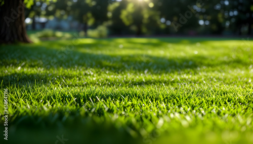 Green lawn with fresh grass outdoors. Nature spring grass background texture                                         with copy space. Landscaping of a parking area.