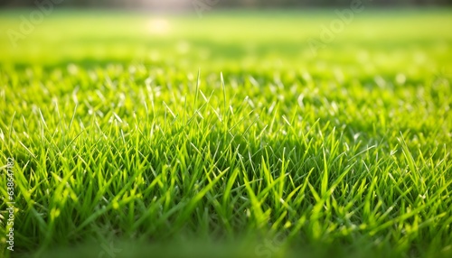 Green lawn with fresh grass outdoors. Nature spring grass background texture                                         with copy space. Landscaping of a parking area.