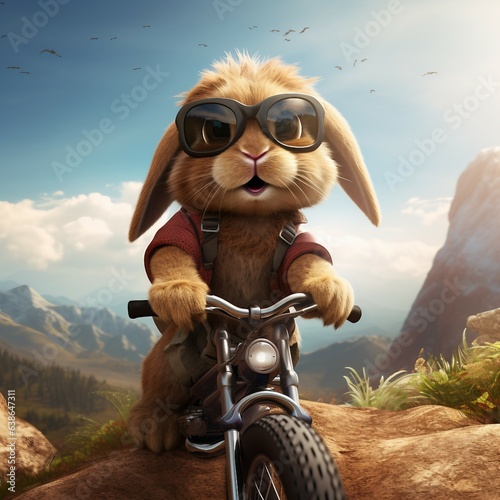 Holland lop rabbit riding a bike up the mountain