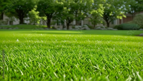 Green lawn with fresh grass outdoors. Nature spring grass background texture, размытый задний план with copy space. Landscaping of a parking area.