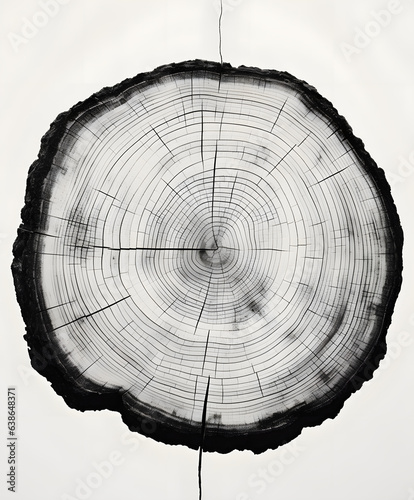 cross section of tree stump, Black and white wood texture stamp art. Detailed tree ring design. Rough organic tree rings end grain.