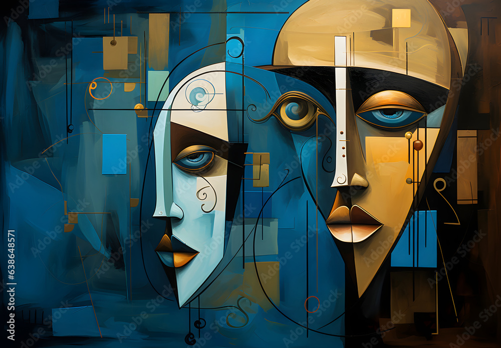 Abstract cubist painting Two faces painted on a blue background - obrazy, fototapety, plakaty 