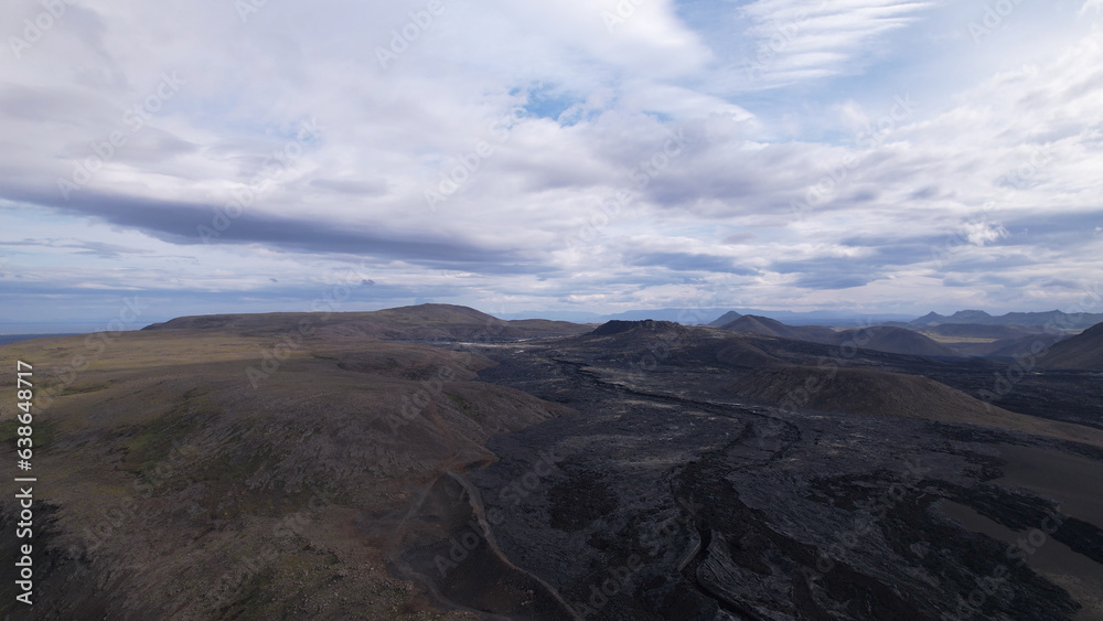The Fagradalsfjall volcano crater and lava field at Reykjanes, Iceland. Huge lava field from the eruption in 2021.