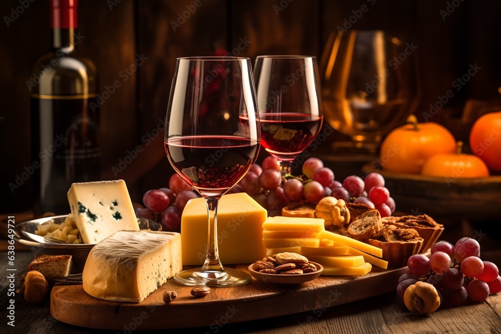 Wine glass with grapes and cheese, generative ai. Wine glass with grapes and cheese, generative ai.