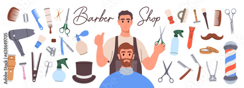 Set of different barber shop tools. Barber shop and hairdresser tools silhouette. Hair salon for man vector illustration