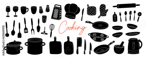 Kitchen cooking tools. Ceramic plates, mug, cup, wineglass, frying pan, colander, kitchen mitten, cooking glove, steel grater, mortar, rolling pin.