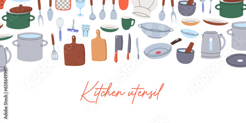 Kitchen utensils horizontal background. Cooking tools and appliances, kitchenware, utensil. Ceramic plates, mug, cup, wineglass, frying pan, colander