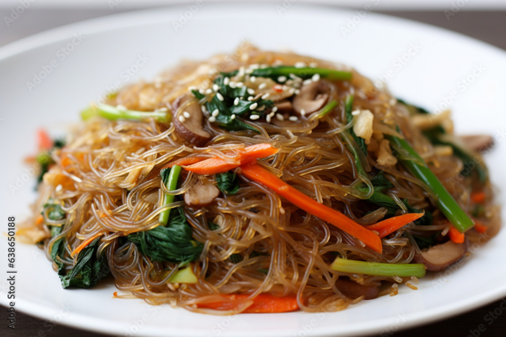 A plate of vegetable japchae, korean sweet potato noodle generative AI