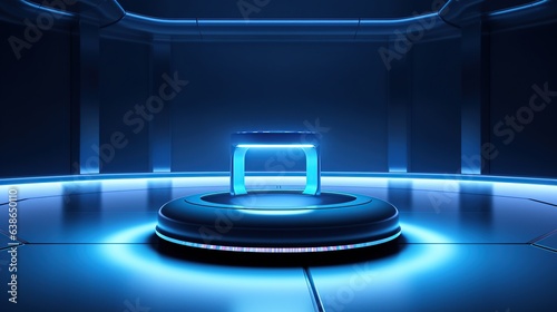 Futuristic blue podium with light and reflection