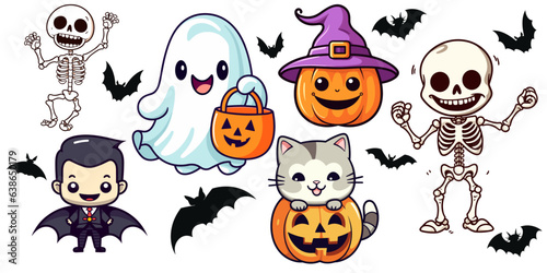 Obraz na płótnie Cute Funny halloween set collection: vampire, dracula, skeleton, skull, cat, pumpkin, witch hat, bat  silhouette