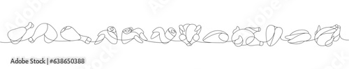 Raw chicken meat one line continuous drawing. Raw chicken meat parts continuous one line illustration. Vector minimalist linear illustration.