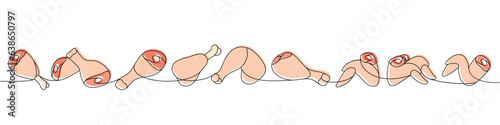Different parts of chicken one line colored continuous drawing. Raw chicken meat parts continuous one line illustration. Vector linear illustration