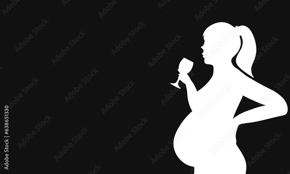 Pregnant woman with a glass of alcohol. Newborn protection concept. Vector template for poster, banner